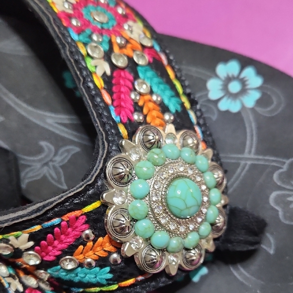 Montana West Black and Multicolor Embroidered Sandals - Picture 4 of 11